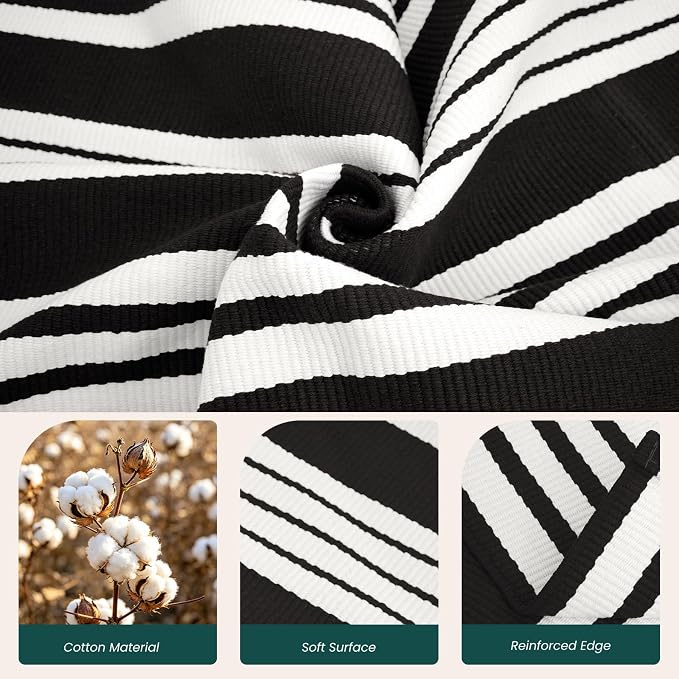 KOZYFLY Striped Rug 2x3 ft Black White Stripes Doormat Cotton Woven Washable Indoor Outdoor Rug Front Door Mat for Entryway Porch Kitchen Patio Decor Small Area Rugs