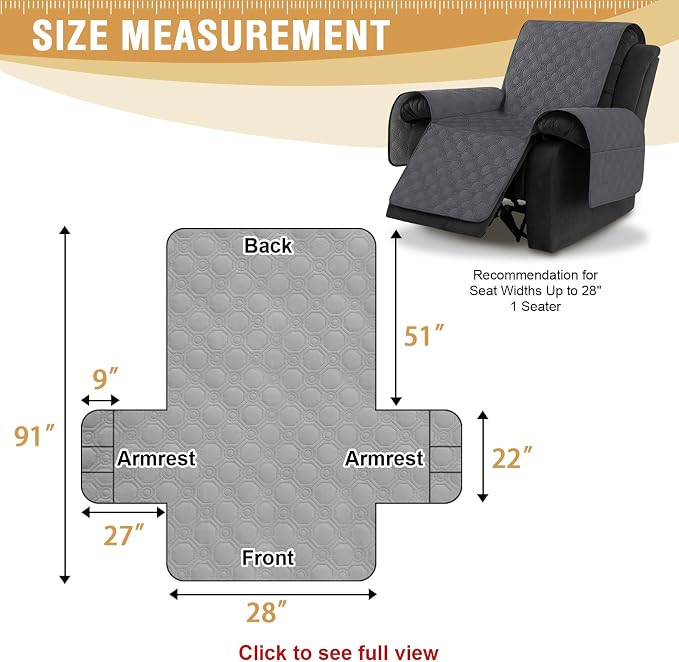 H.VERSAILTEX 100% Waterproof Recliner Chair Covers, Recliner Covers Non-Slip Stay in Place, Thick Cover for Recliner Chair with Pocket, Dog Couch Cover Protector Washable(Grey, 28")