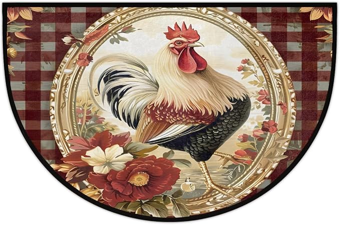 Half Round Door Mat Vintage Plaid Rooster Chicken Non-Slip Semi Circle Area Rug Washable Half Moon Hearth Rugs for Indoor Outdoor Bathroom Kitchen Patio Runner Mat Laundry Room Home Decoration