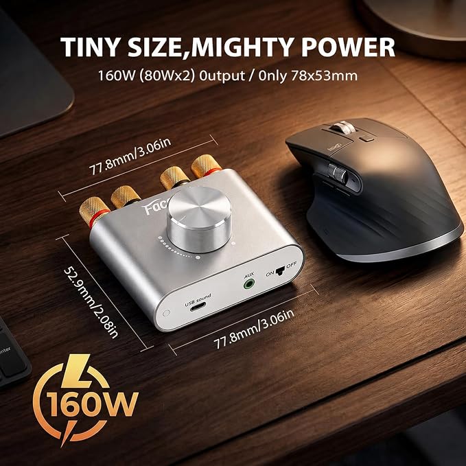 Facmogu F900S Bluetooth 5.0 Mini Power Amplifier, 80Wx2 Stereo Digital Amp | 160W 2.0CH | Hi-Fi Wireless Audio Receiver | AUX/USB/BT Input | Included 12V Power Adapter | For Passive Speakers | Silver