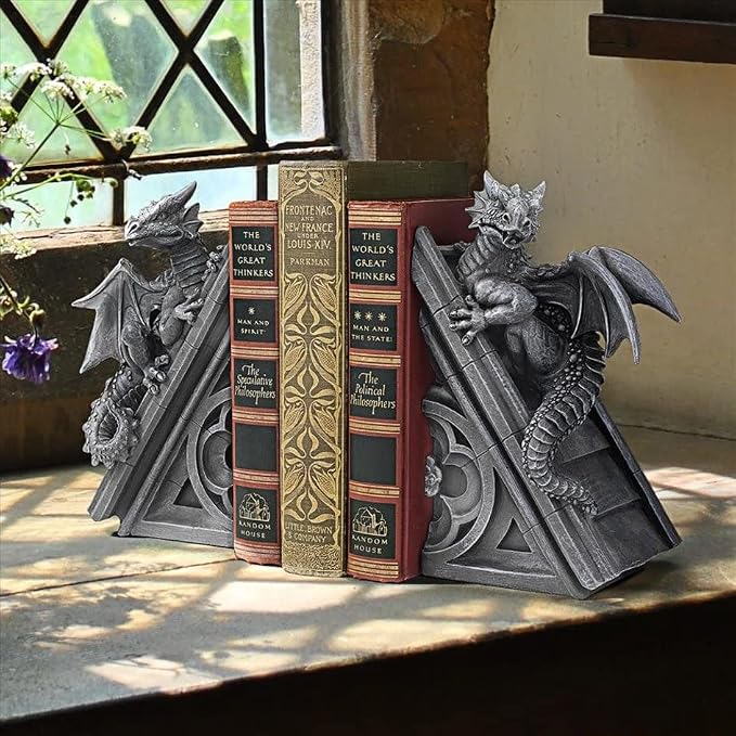 Design Toscano Castle Dragon Gothic Decor Decorative Bookend Statues, 8 Inch, Set of Two, Polyresin, Grey Stone