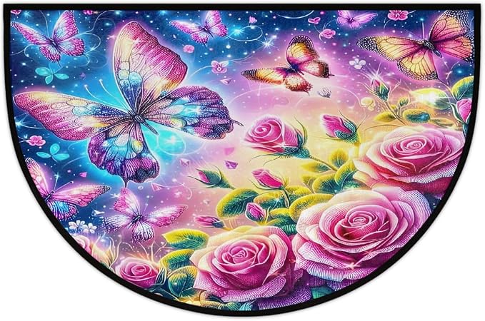 Rose Half Round Door Mat Semi Circle Rug Half Moon Doormat | Soft Washable Colorful Butterfly Welcome Entrance Mat for Outdoor Indoor Floor Bedroom Bathroom Home Kitchen Festival Decor