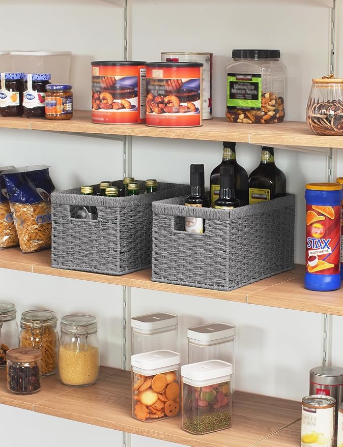StorageWorks Wicker Storage Baskets,Gray Baskets for Storage,2-Pack | Paper Rope Wicker Storage Baskets for Shelves,Rectangular Wicker Baskets with Handles,Handwoven Grey Baskets,Woven Baskets