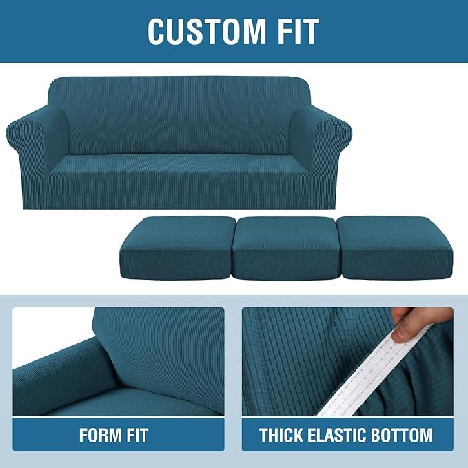 H.VERSAILTEX 4 Piece Stretch Sofa Covers for 3 Cushion Couch Covers for Living Room Furniture Slipcovers (Base Cover Plus 3 Seat Cushion Covers) Upgraded Thicker Jacquard Fabric (XL Sofa, Deep Teal)