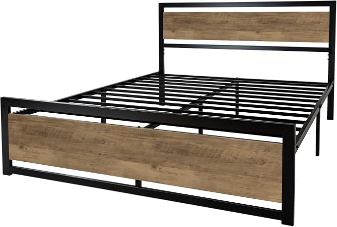 SHA CERLIN Heavy Duty Queen Size Bed Frame with Modern Headboard, Brown | Platform Metal Base with Square Footboard and 13 Strong Slats Support, No Box Spring Needed