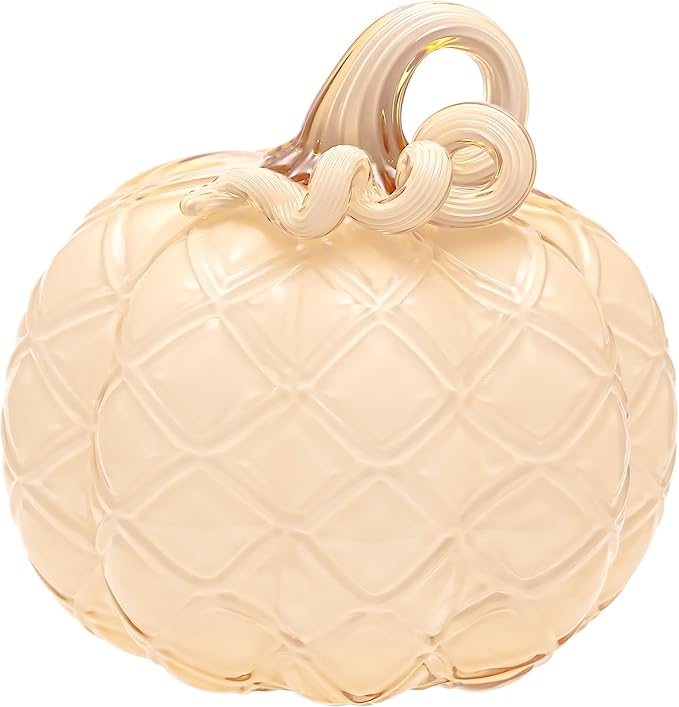 Boston International Handblown Art Glass Pumpkin Thanksgiving Halloween Decorations for Home, Medium, Butter Diamond