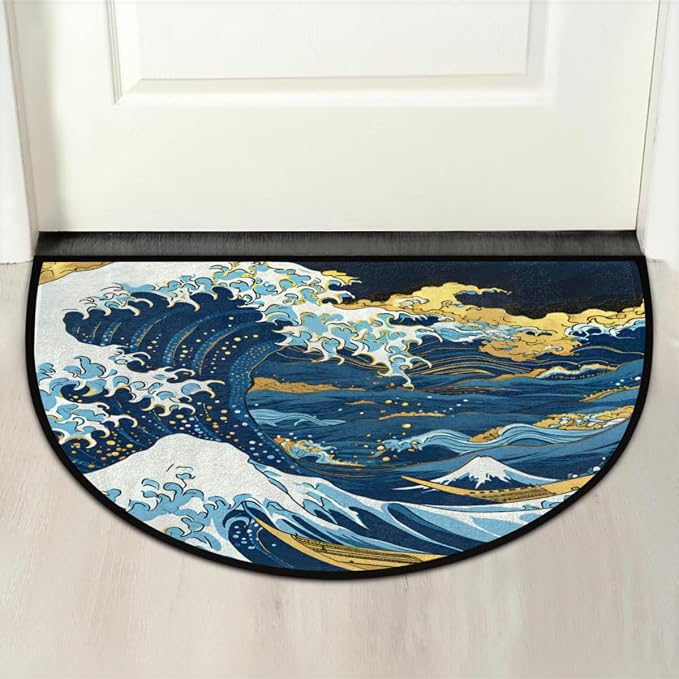 cfpolar Half Round Door Mat Semi Circle Non-Slip Bathroom Floor Rug, Big Wave Japanese Outdoor Welcome Entrance Way Mat Indoor Absorbent Kitchen Mat for Home,Garage,Patio,Bedroom 36" x 24"