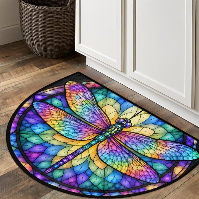 Dragonfly Half Round Door Mat Outdoor Doormat Bedroom Entrance Rug A21 | Dragonfly Semi Moon Door Mat Non-Slip Absorbent Kitchen Rug Indoor Welcome Bath Mat 36" X 24"