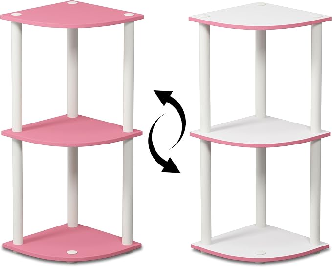 Furinno TURN-N-TUBE Corner Shelf, 3-Tier Corner Bookshelf, Display Storage Shelves with Open Shelves, for Organization and Storage, Living Room, Home Office, Garage, Pink