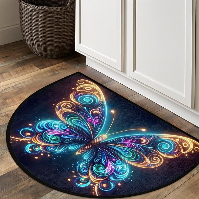 Pardick Half Round Doormat Glowing Animals Butterfly Semi Circle Rug Non Slip Indoor Outdoor Entrance Half Moon Rug Washable Front Floor Mat for Kitchen Bathroom Patio Fireplace Holiday Decor