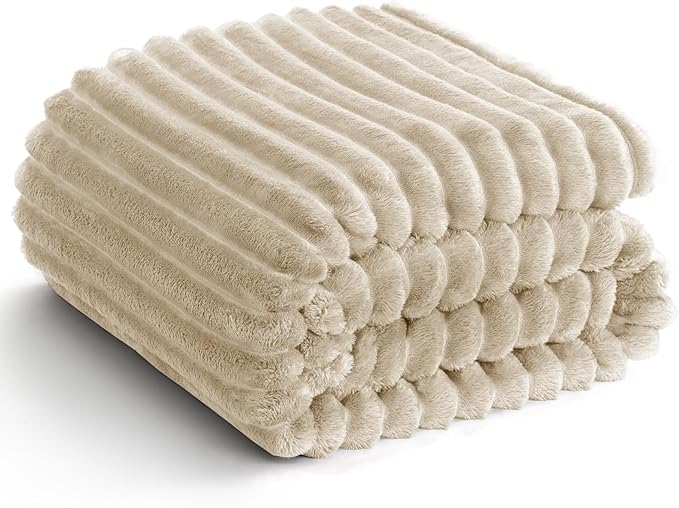 HIMEET Linen Ribbed Queen Size Blanket for Bed - 300GSM Lightweight Fleece Blanket for Men Women, Large Cozy Sofa Couch Cover Bed Blankets Gifts, Striped Spring Home Room Decor, Linen, 90x90 Inches