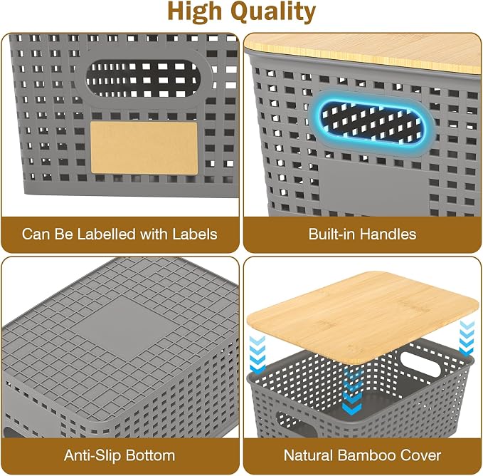 Stackable Storage Baskets: 8 Pack Plastic Baskets Bins, Gray | Decorative Baskets for Organizing, Pantry Decorative Containers for Closets, Cabinets, Shelves
