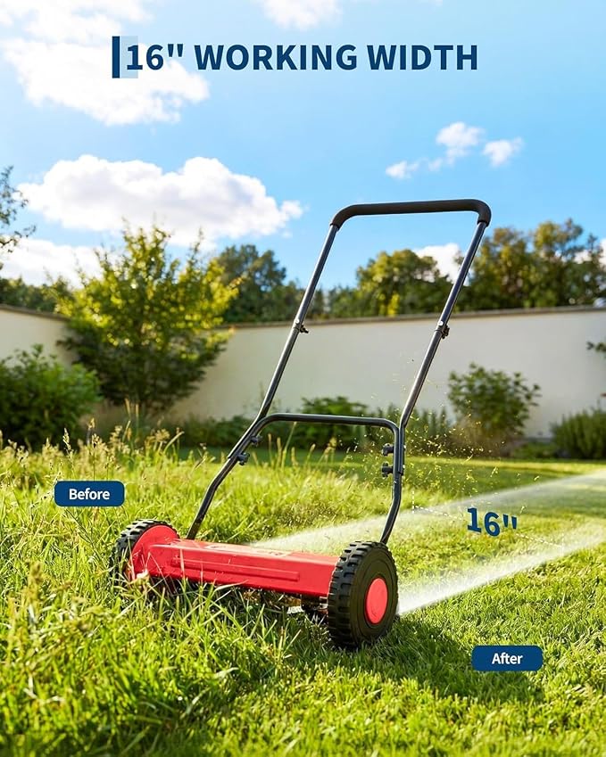 PeakPursuit Manual Push Reel Lawn Mower – 16-Inch 5-Blade, Adjustable Cutting Height, Lightweight, Compact Storage, Easy Assembly, Efficient for Small to Medium Yards – Red