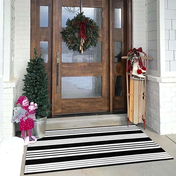 OJIA Black and White Outdoor Rug 3x5, Front Door Mat Patio Rugs Porch Decor | Cotton Woven Striped Rug Machine Washable Entryway Rug Indoor Outside Area Rug Front Door Mat for Farmhouse/Home Entrance