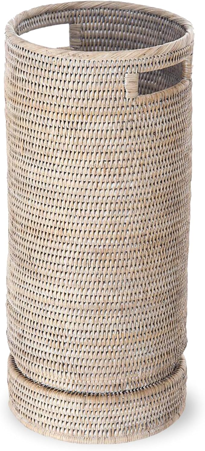 KOUBOO La Jolla Rattan Umbrella Stand, Handmade, White Wash, Umbrella Holder, Sturdy, Waking Sticks, Canes, Entryway, Mudroom, Office, Dip Tray, Home Decor