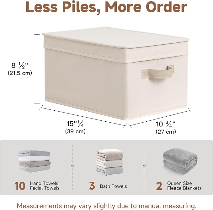 StorageWorks Fabric Storage Bins with Lids, Decorative Storage Bins with PU Handles, Foldable Storage Baskets for Closet, Shelves, Stackable and Sturdy Organization, Beige(Cotton Linen), Large, 3-Pack