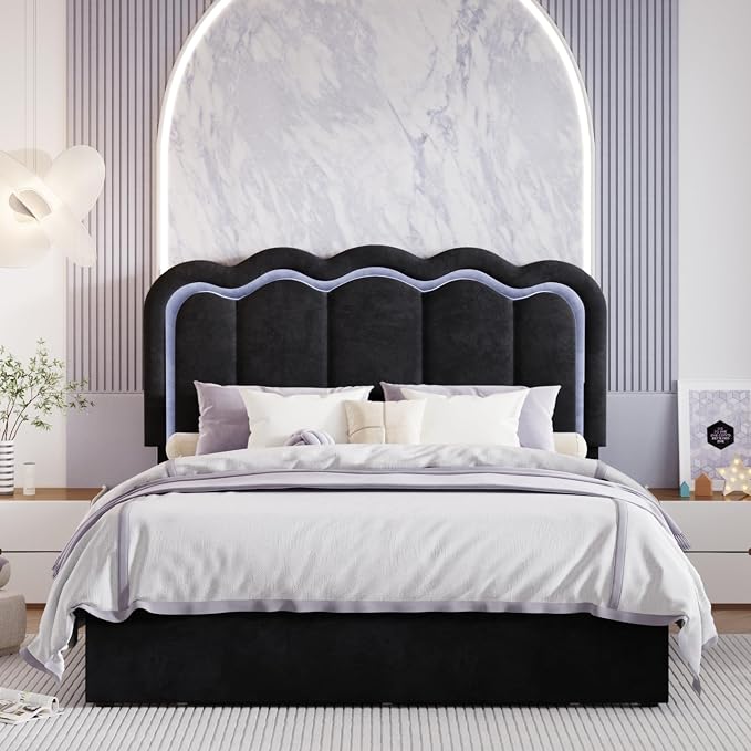 SHA CERLIN Full Size Bed Frame with LED Lights and Storage Drawer, Black | Upholstered Velvet Platform Bed with Adjuatable Wavy Headboard, Noise-Free, Easy Assembly,No Box Spring Needed