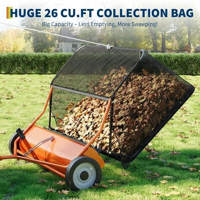 Tow Behind Lawn Sweeper, 44" Pull Behind Collector – Large Capacity Leaf & Grass Collector with Adjustable Height, Dumping Rope Design for Debris and Lawn Clippings