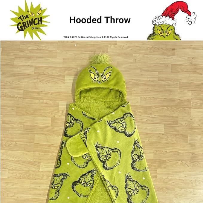 Grinch by Dr. Seuss Hooded Throw - Kids Christmas Bedding Super Soft Throw Blanket - 40 in x 50 in, (Officially Licensed Product) by Franco