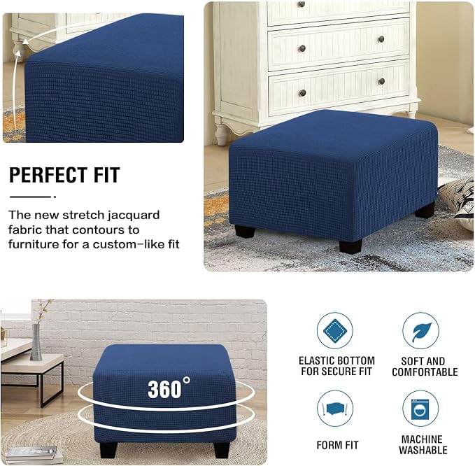 H.VERSAILTEX Square Ottoman Covers Ottoman Slipcovers Folding Storage Stool Furniture Protector Form Fit with Elastic Bottom, Stretch High Spandex Small Checks Jacquard Fabric(Medium,Navy)