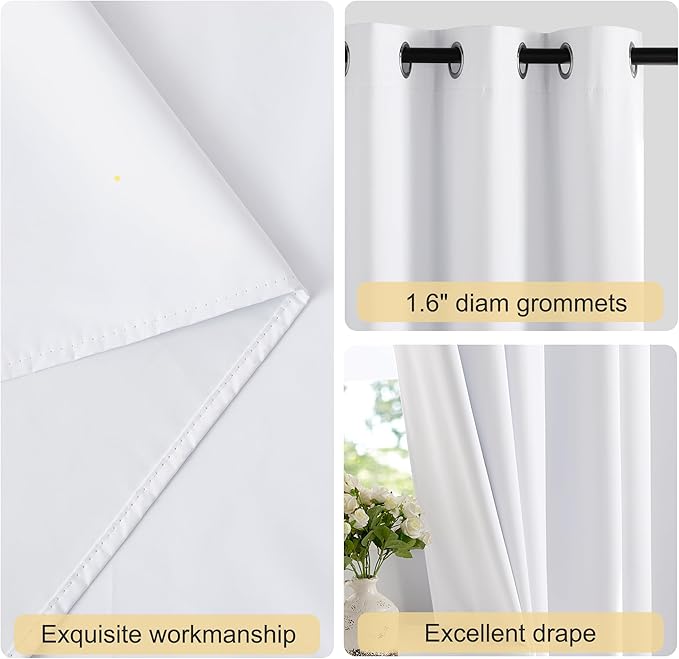 NICETOWN White 100% Blackout 102 inch Curtains, Grommet Thermal Insulated Window Treatments Light Blocking Drapes for Bedroom/Living Room, W52 x L102, 2 Panels