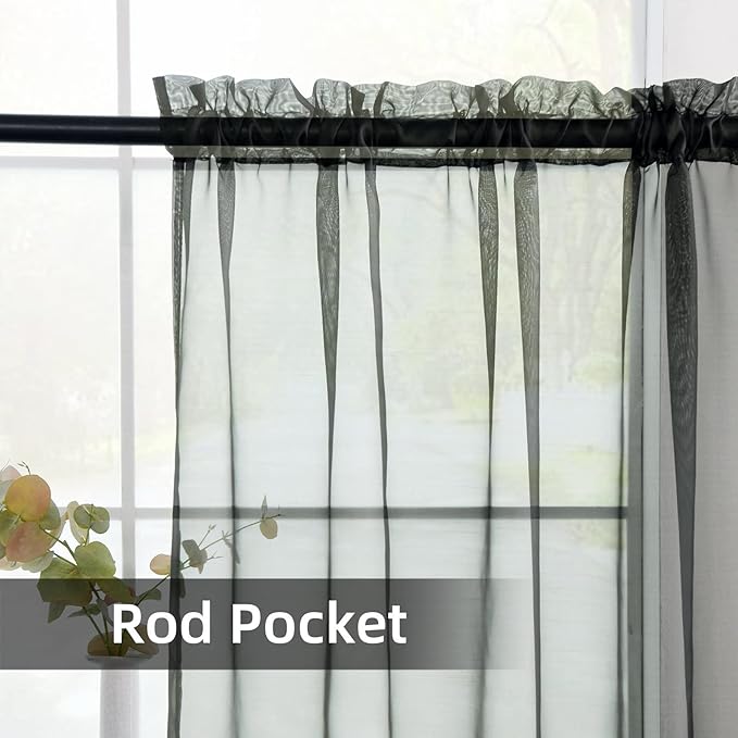 youleyar Solid Sheer Rod Pocket Curtain Voile Draperies 2 Panels White Beige Black Grey Coffee 70 Inch Width 84 Inch Long 1 Pair for Kitchen Bedroom Children Living Room Yard(Black,70Wｘ84L)