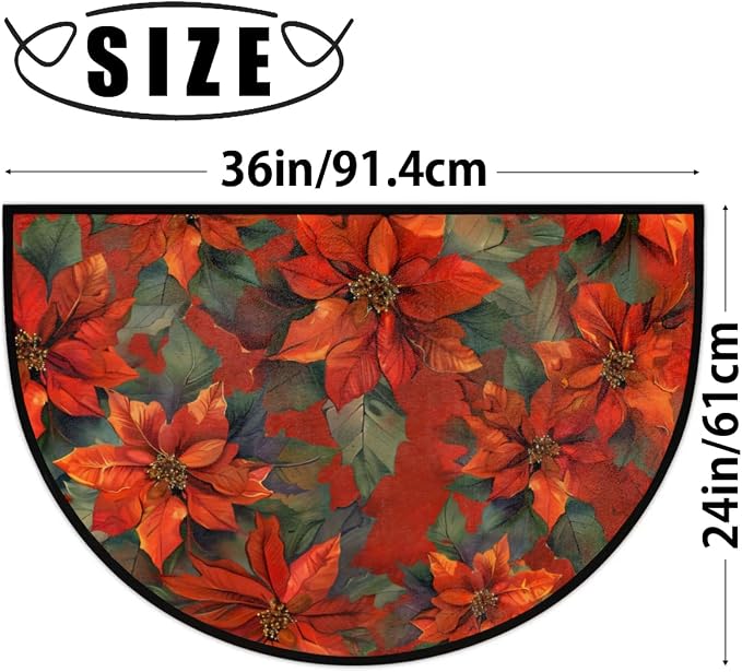 cfpolar Half Round Door Mat Christmas Poinsettia Semi Circle Non-Slip Bathroom Floor Rug, Outdoor Welcome Entrance Way Mat Indoor Absorbent Kitchen Mat for Bathroom,Garage,Bedroom 36" x 24" A-15