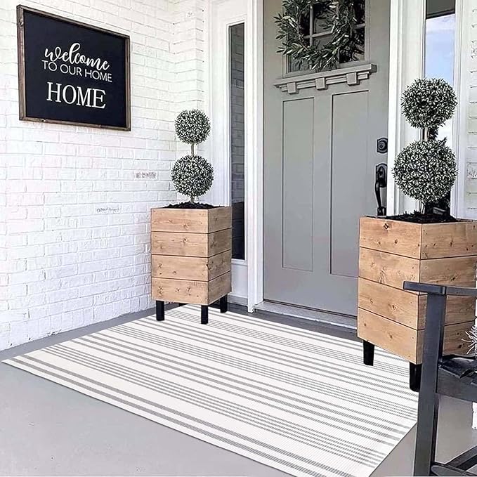 BUAGETUP Grey and White Outdoor Rug 3'x 5' Hand-Woven Cotton Washable Rug Striped Front Porch Rug Indoor/Outdoor Area Rug Floor Mat for Farmhouse/Layered Door Mats/Living Room