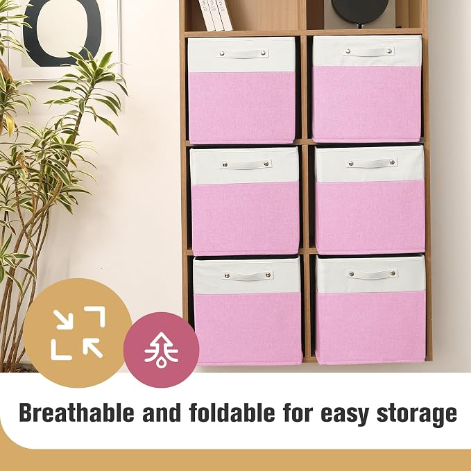 FinishingBo 13x13x13 Storage Cube Bins 4 Pack, Cube Shelf Baskets | Foldable Storage Cubes, Linen Storage Bins with Handles, Closet Organizers, White/Pink
