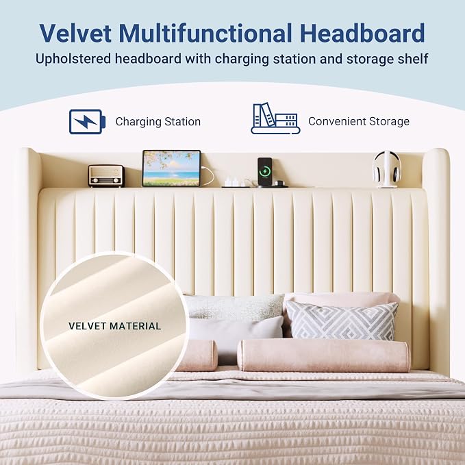 Allewie Full Size Platform Bed Frame with USB Charging Station and Storage Shelf/Upholstered Velvet Wingback Headboard/Wooden Slats Support/No Box Spring Needed/Easy Assembly, Cream