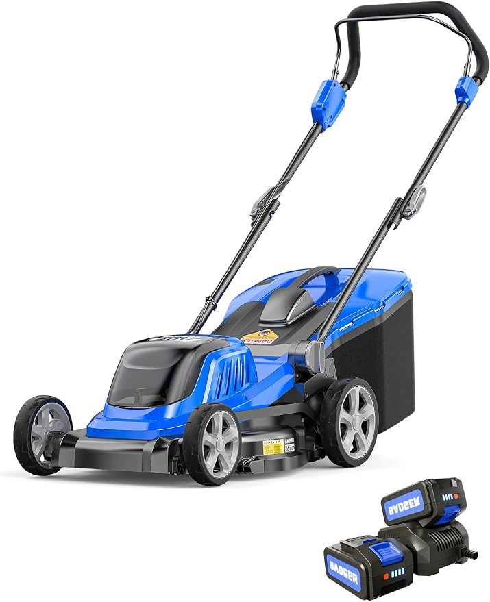 Wild Badger Power 40V 16-in Brushless Electric Cordless Lawn Mower | 16-in brushless push mower for small yards; 5 cut heights, 3-in-1 clipping modes, two 20V 4.0Ah batteries and charger.