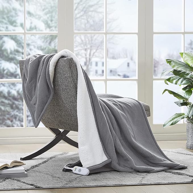 Serta Heated Electric Throw - Reversible Fleece Heating Blanket, Char-Grey | Dual-Layer Heated Throw Blanket With 5 Heat Settings & Auto Shut Off, Machine Washable, ETL Certified