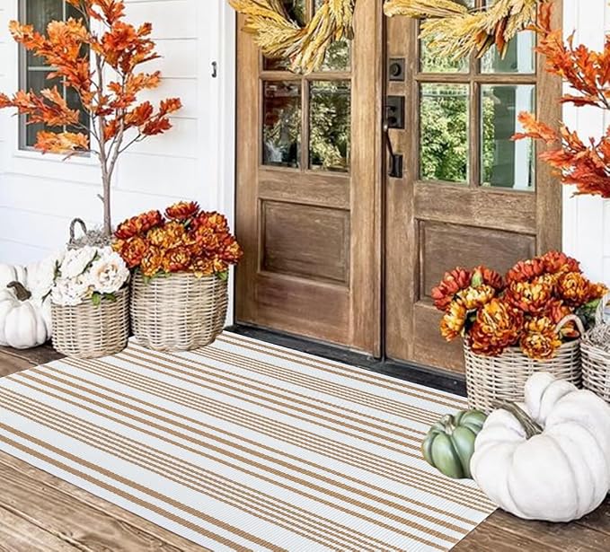 BUAGETUP Khaki and White Outdoor Rug 3'x 5' Hand-Woven Cotton Washable Rug Striped Front Porch Rug Indoor/Outdoor Area Rug Floor Mat for Farmhouse/Layered Door Mats/Living Room