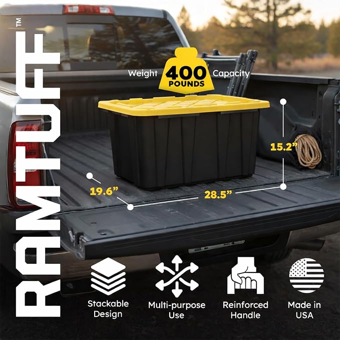 Ramtuff Heavy Duty Stackable Storage Container with Lid, 27 Gallon, 6-Pack | Weather-Resistant Organization Tote with Snap-Tight Lid, for Garage, Basement, Attic, Shed, Closet & Moving