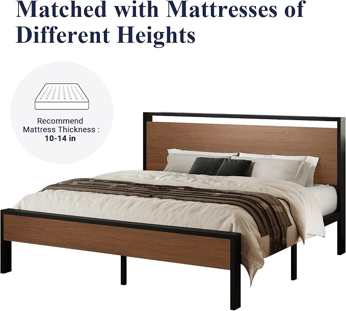 Allewie King Size Bed Frame, Heavy Duty 12 Metal Slats Support, Walnut | Wooden Headboard and Footboard, Modern Platform Bed, No Box Spring Needed, Under-Bed Storage, Noise Free, Easy Assembly