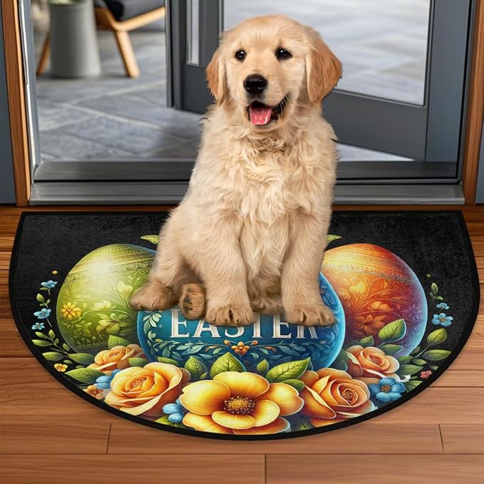 Happy Easter Egg Half Round Door Mat Non-Slip Semi Circle Rug Washable Half Moon Floor Rug Absorbent Bathroom Area Rugs for Outdoor Indoor Fireplace Mat Entryway Kitchen Decor Rugs