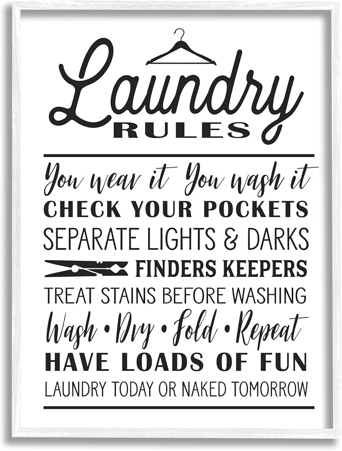 Stupell Industries 'Laundry Rules with Hanger Typography', Framed Giclee Art, White, 16 x 20 Inches, Easy to Hang and Sturdy, Made in USA, by Lettered and Lined
