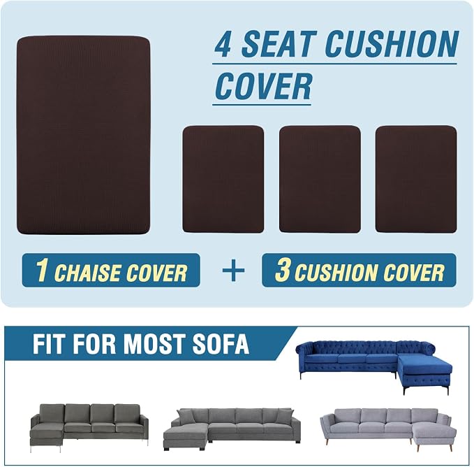 H.VERSAILTEX Sectional Couch Covers 4 Pieces Sofa Seat Cushion Covers L Shape Separate Cushion Couch Chaise Cover for Both Left/Right Sectional Couch (Seat Only: 1 Chaise + 3 Sofa, Chocolate)