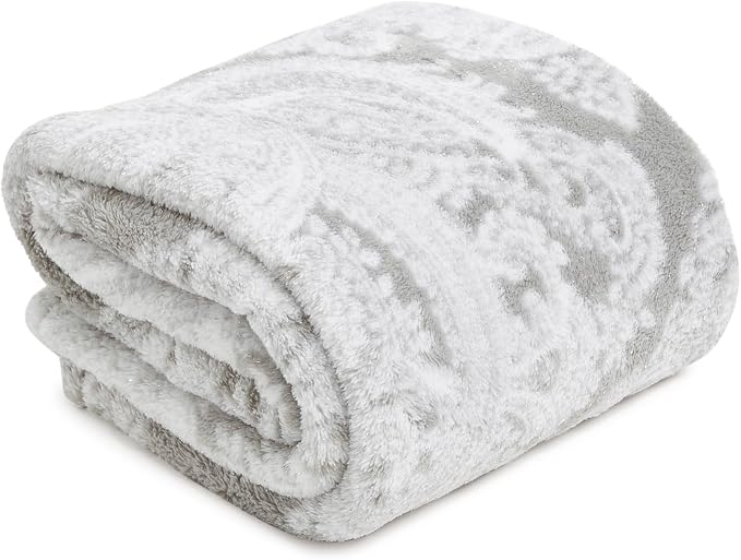 Fleece Plush Shimmer Throw Blanket, Cloud Gray Paisley, 80 X 50