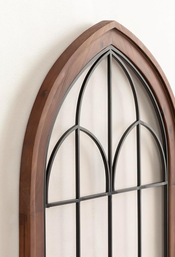 Kate and Laurel Rennell Farmhouse Arched Wall Art Plaque; 19 x 36; Walnut Brown and Black; Wood and Metal Windowpane Wall Decor for Use as Fireplace Mantel Decor or Entryway Wall Accent