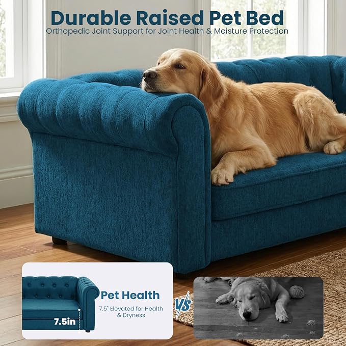 Elevated XL Large Dog Sofa with Backrest and Armrests, 55" Button Tufted Dog Couch Bed with Soft Cushion for Large Dogs, Stylish Lounging Bed Pet Couch Chair, 120Lbs Weight Capacity, Dark Blue