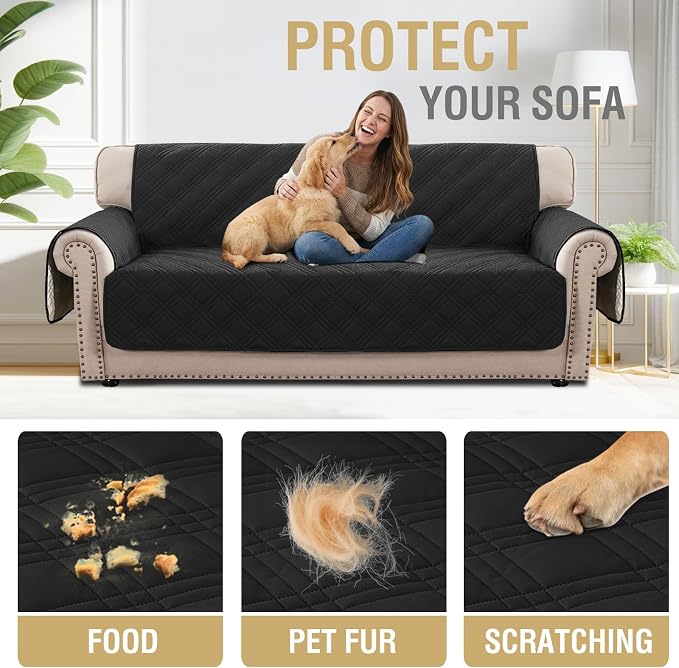 H.VERSAILTEX 100% Waterproof Sofa Covers for 3 Cushion Couch Modern Sofa Cover for Dogs XL Couch Covers for Oversized Sofa with Elastic Straps (Oversized Sofa, Black/Beige)
