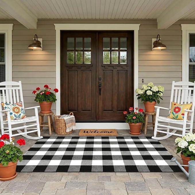 Buffalo Plaid Rug 3' x 5' Black and White Front Door Mat Reversible Layered Porch Rug Washable Hand Woven Cotton Area Rug for Indoor Outdoor Entryway Patio Porch Decor