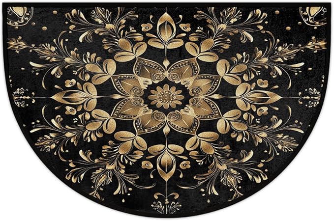 Black Gold Half Round Doormat Semi Circle Rug Half Moon Rug Entryway Mat | Flower Boho Washable Non Slip Outdoor Floor Rug Kitchen Mat for Indoor Outdoor Bathroom Fireplace Bath Decor