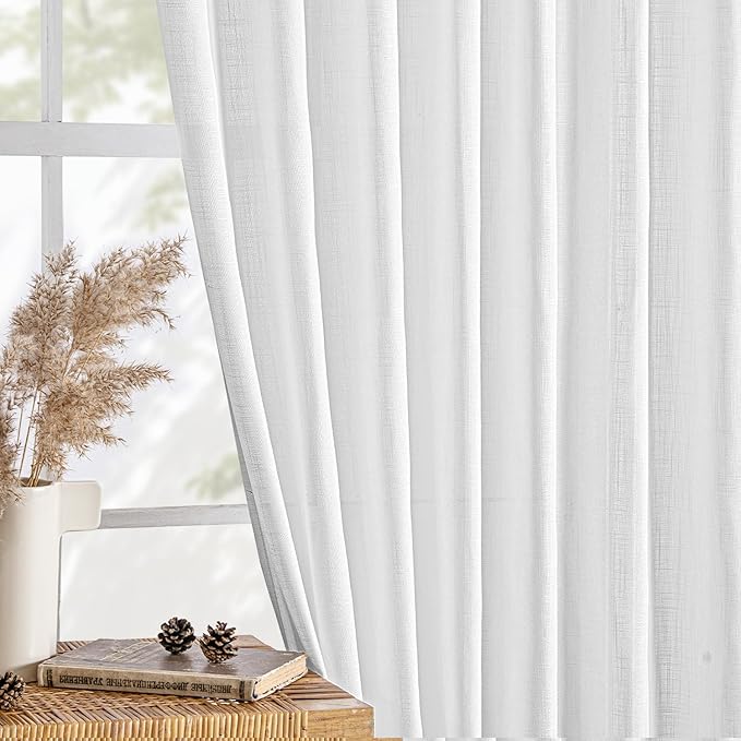 MIULEE White Linen Curtains 84 Inches Long 2 Panels for Bedroom Living Room, Soft Linen Textured Back Tab Window Drapes Semi Sheer Light Filtering Rod Pocket Modern Farmhouse Decor 37x84 Inch