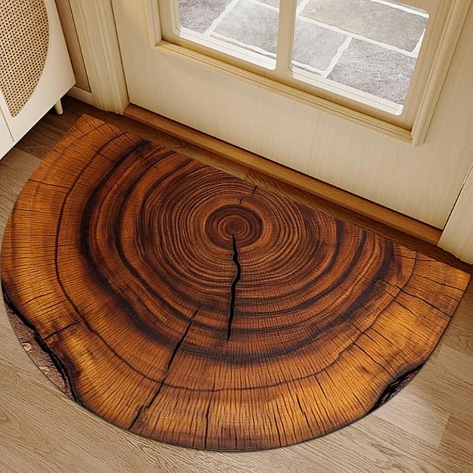Wood Grain Brown Half Round Door Mat Non Slip Washable Semi Circle Area Rug,Absorbent Soft Doormat for Front Door Entryway,Heavy Duty Welcome Mat with Rubber Backing,Floor Mat for Garage Pet 17"x30"
