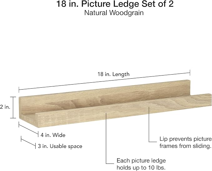 MCS Picture Ledge Shelf, Room Decor Floating Shelf, Natural Woodgrain, 18 Inch, Set of 2