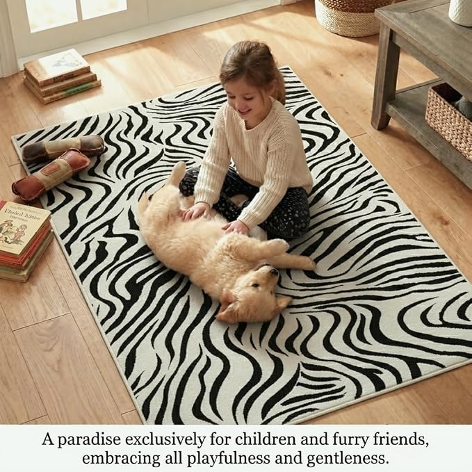 Zebra Print Rug, 5x7, Black and White Animal Print Rug, Modern Abstract Design, Non-Slip TPE Backing, Low-Pile, Washable and Easy-to-Clean, Suitable for Living Rooms, Bedrooms, and Home Offices