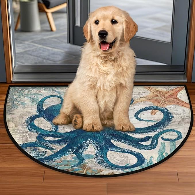 Octopus Retro Half Round Door Mat Non Slip Half Circle Rugs | Animals Ocean Washable Half Moon Rug Semi Circle Rugs Indoor Entrance Floor Carpet for Kithen Bedroom Fireplace Decor