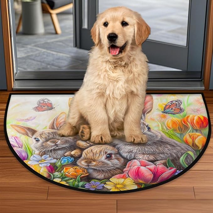 Easter Bunny Tulip Half Round Door Mat Non-Slip Semi Circle Rug Washable Half Moon Floor Rug Absorbent Bathroom Area Rugs for Outdoor Indoor Fireplace Mat Entryway Kitchen Decor Rugs
